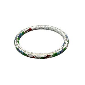 Vintage White Cloisonne Bangle Bracelet with Multicolor Floral Pattern